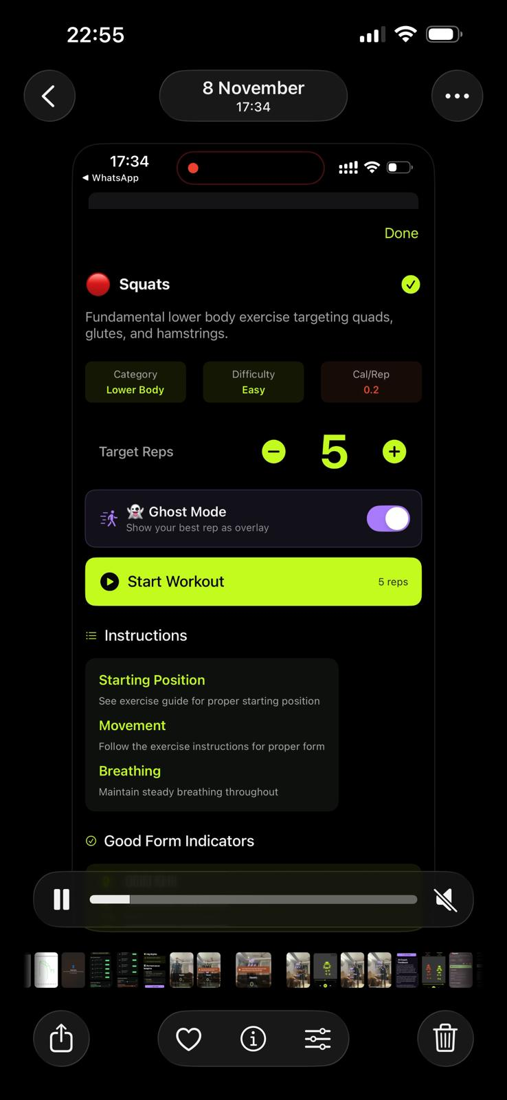 Exercise configuration screen with difficulty, reps, and ghost mode settings