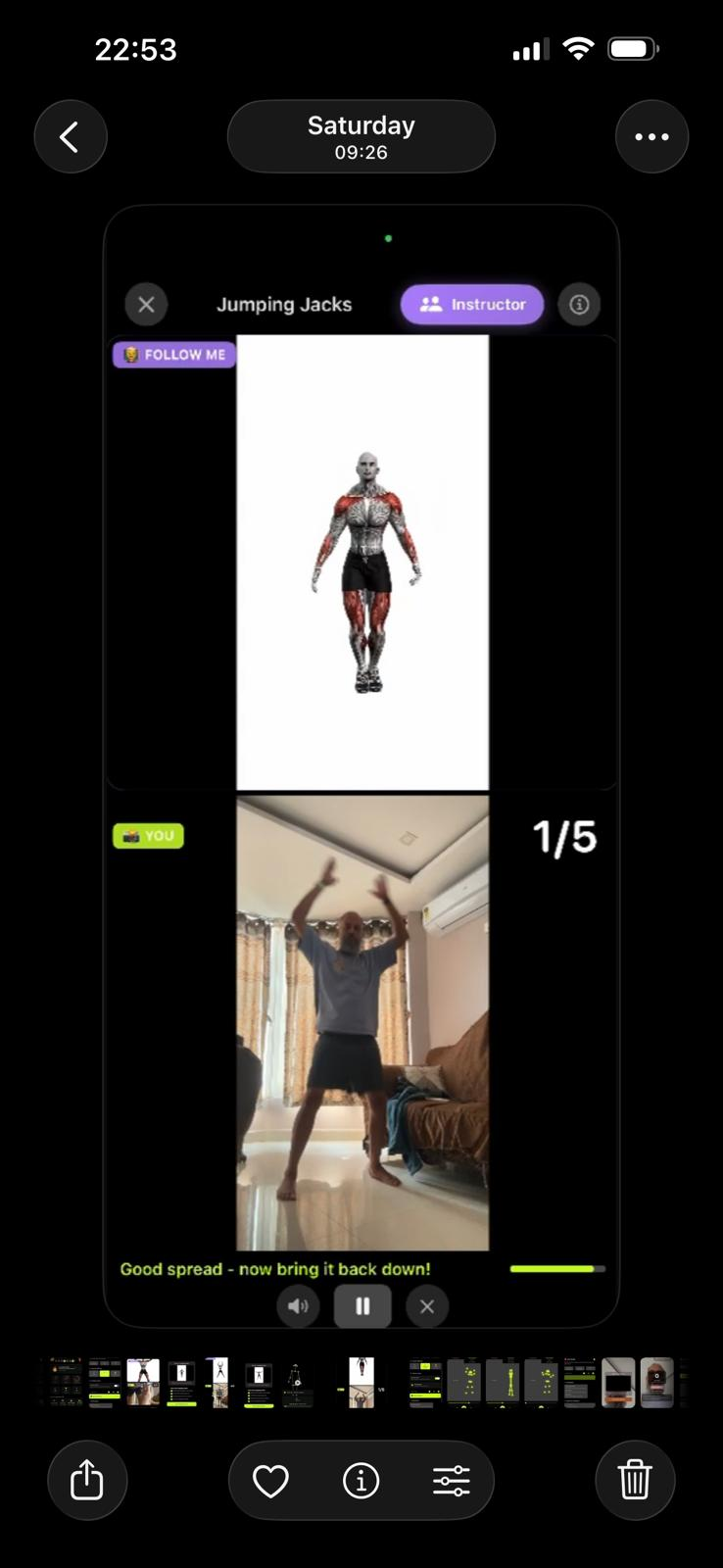 Live workout tracking with exercise demonstration and muscle group visualization