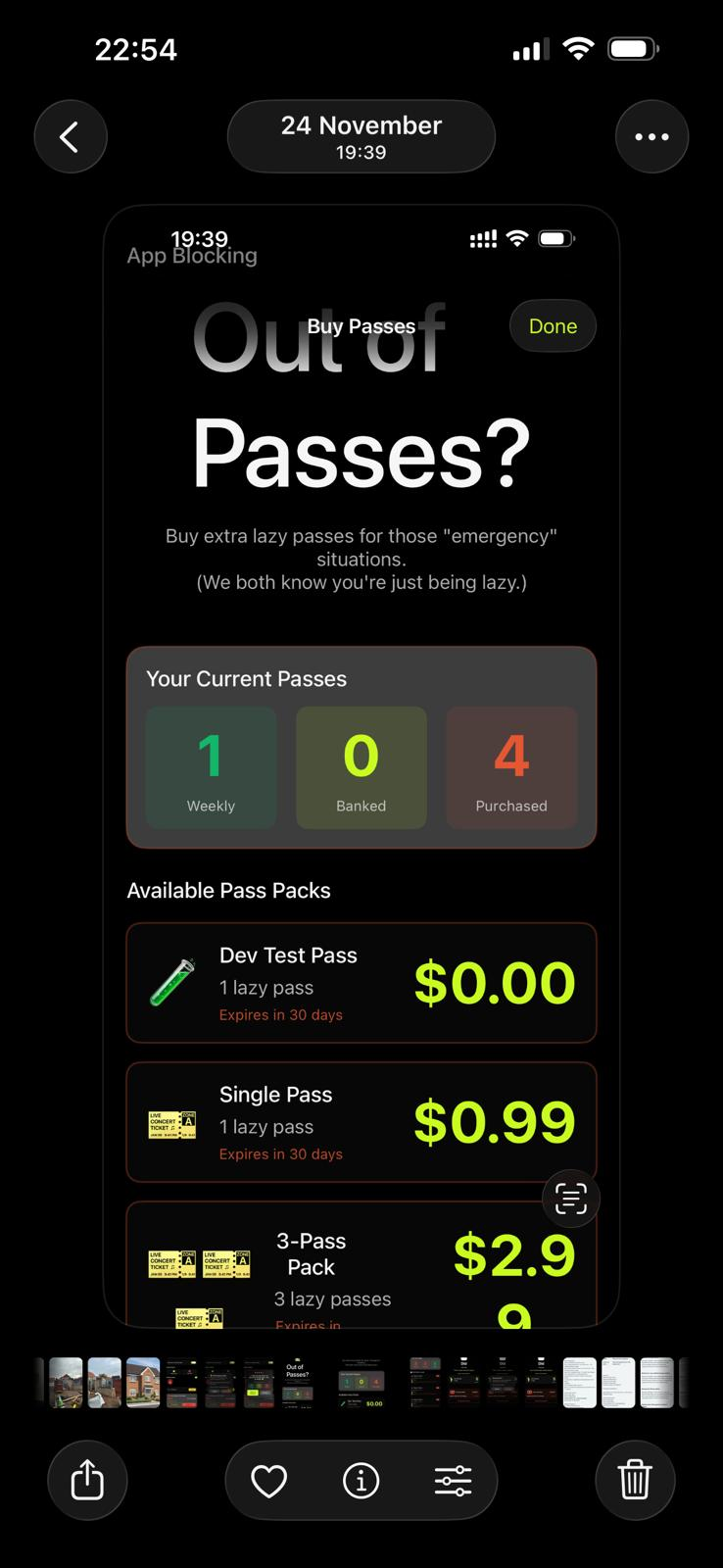 Lazy pass system showing weekly, banked, and purchased passes