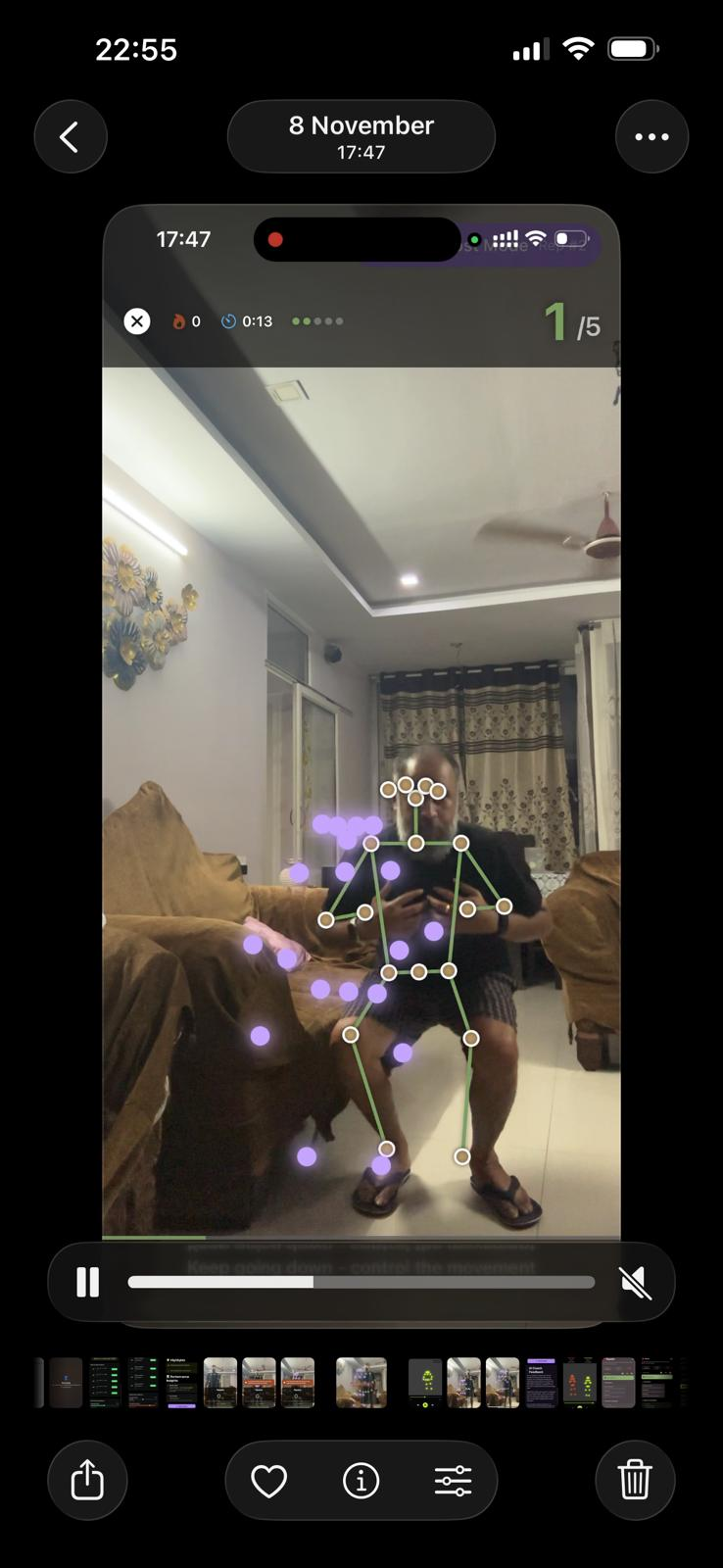 Real-time pose estimation with skeletal tracking overlay