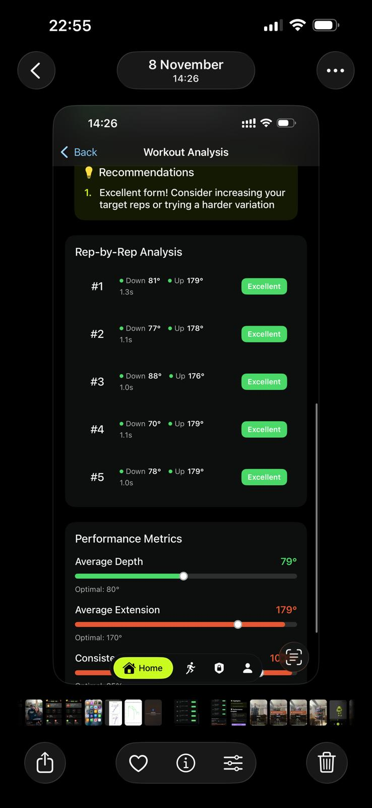 Detailed rep-by-rep breakdown with angle measurements and performance metrics